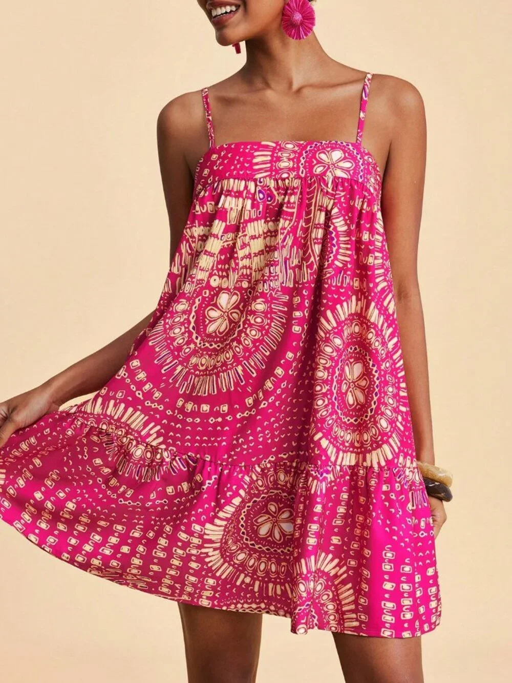 Multicolor Boho Women's Mini Dress Allover Print, Casual Vacation Beach Outfit - Picture 5 of 7